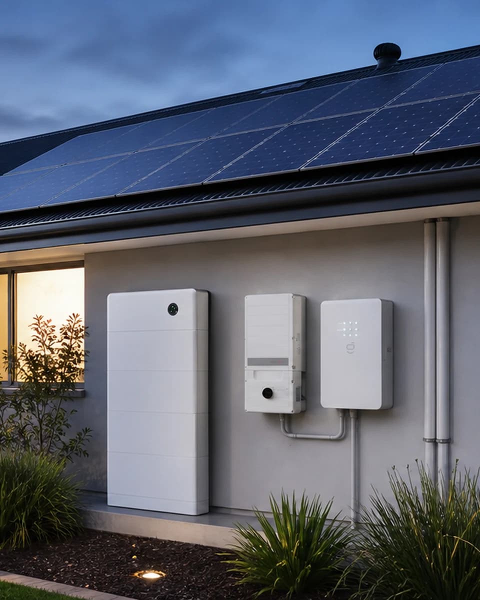 Australian home at dusk with rooftop solar, home battery and inverter
